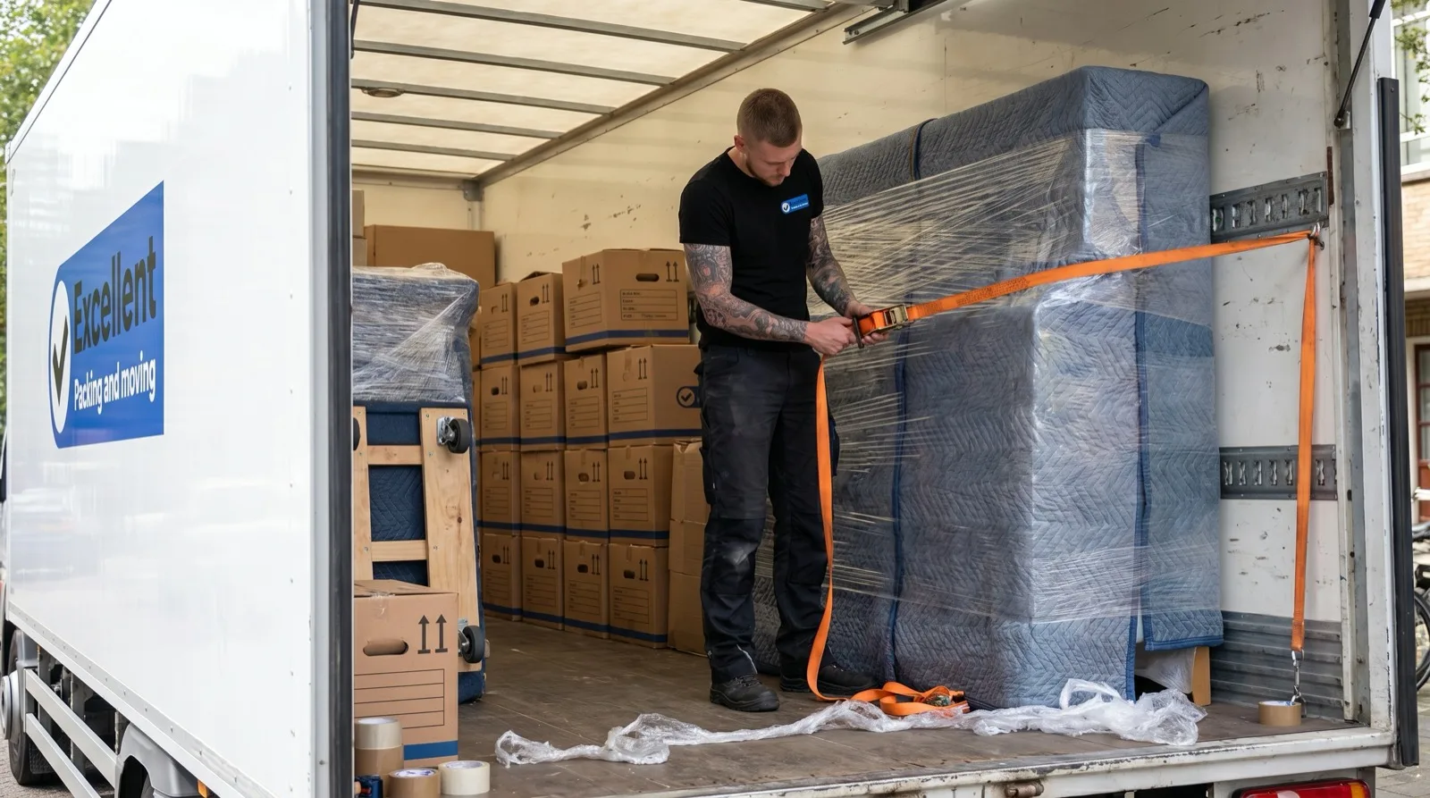 Verhuizer van Excellent Packing & Moving zet de lading vast in de bakwagen